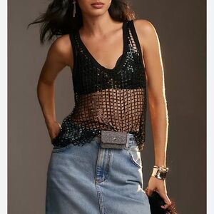 NWT ANTHROPOLOGIE Pilcro Black Sequin Mesh Sleeveless Tank Top Size XS